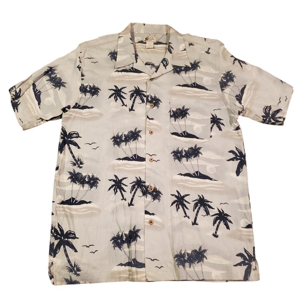 Cherokee Waikiki Wear Button‎ Up Shirt Sz L Short Sleeve Hawaiian Palm Trees